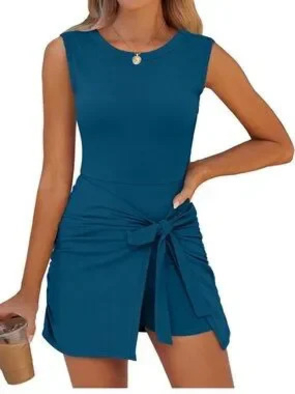 Bodycon Tie Cinched Waist Romper Skort Mini Dress Built in Shorts